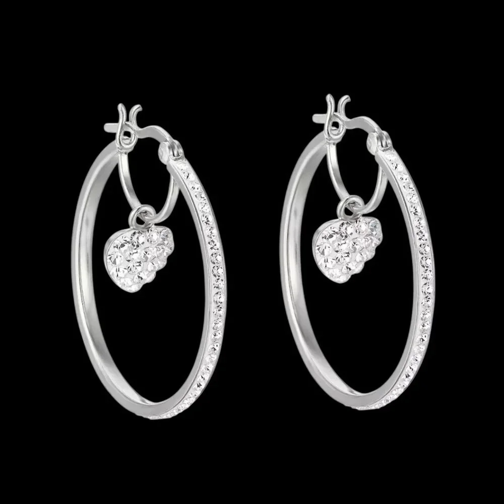Sterling Silver Crystal Hoops Dangle Heart Earrings Sparkle Missing 1 Stone Gift